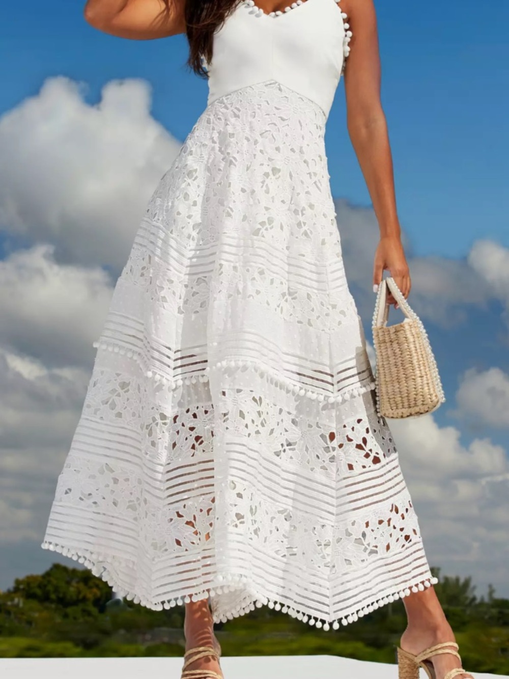 Boston Proper White Pom-Trim Maxi Dress